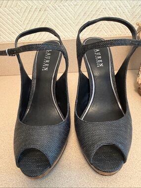 Lauren Ralph Lauren Dark Navy Textured Peep-Toe Slingback Heels